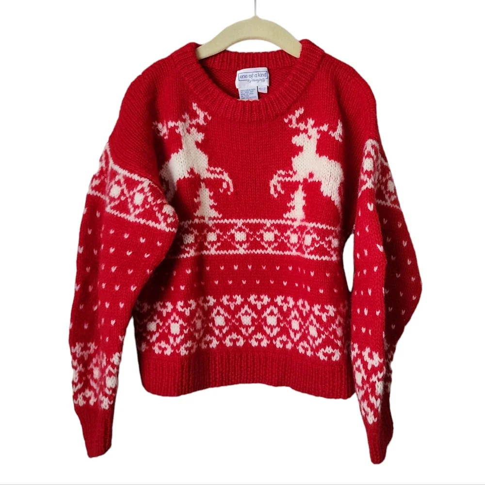 ONE OF A KIND x VINTAGE wool christmas holiday reindeer sweater red white 6-7 - Picture 1 of 5